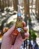 Load image into Gallery viewer, Plant Spirit Inspired Kuripe with Moldavite, Rainbow Moonstone, Deer Antler, and Kene Shipibo Print