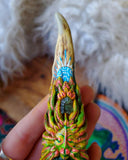 Load image into Gallery viewer, Plant Spirit Inspired Kuripe with Moldavite, Rainbow Moonstone, Deer Antler, and Kene Shipibo Print