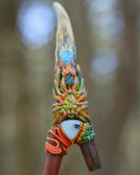 Load image into Gallery viewer, Plant Spirit Inspired Kuripe with Moldavite, Rainbow Moonstone, Deer Antler, and Kene Shipibo Print