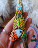 Load image into Gallery viewer, Plant Spirit Inspired Kuripe with Moldavite, Rainbow Moonstone, Deer Antler, and Kene Shipibo Print