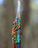 Load image into Gallery viewer, Plant Spirit Inspired Kuripe with Moldavite, Rainbow Moonstone, Deer Antler, and Kene Shipibo Print