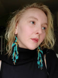 Load image into Gallery viewer, Black, Turquoise, and Gold Abstract Seed Bead Earrings