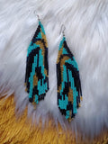 Load image into Gallery viewer, Black, Turquoise, and Gold Abstract Seed Bead Earrings