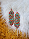 Load image into Gallery viewer, Red, Gold, and Turquoise Seed Bead Earrings